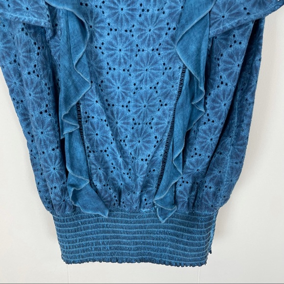 On The Road Blue Acid Wash Eyelet Ruffle Boho Hippie Top - Picture 5 of 8